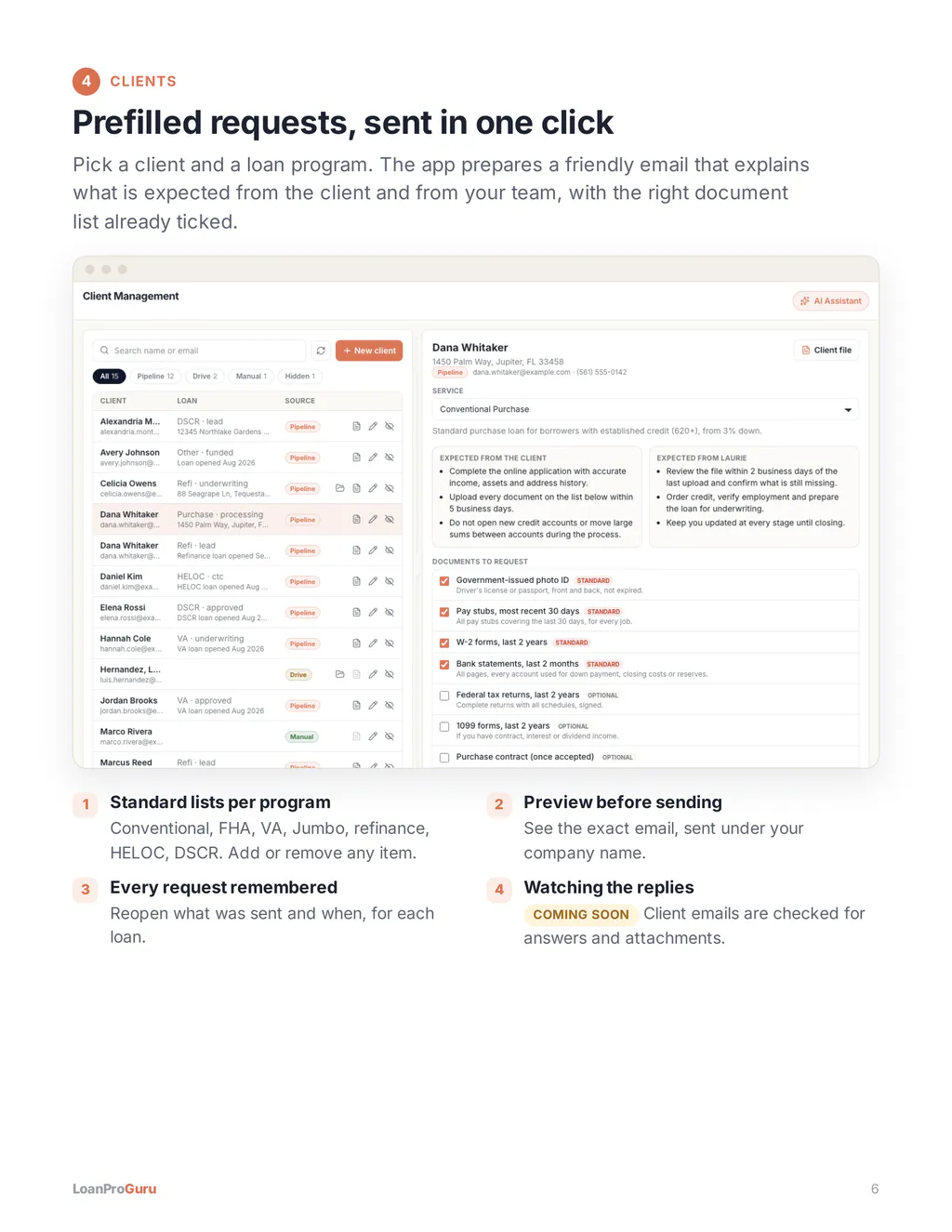 Prefilled requests, sent in one click. Pick a client and a loan program and the app prepares the email and the document list.