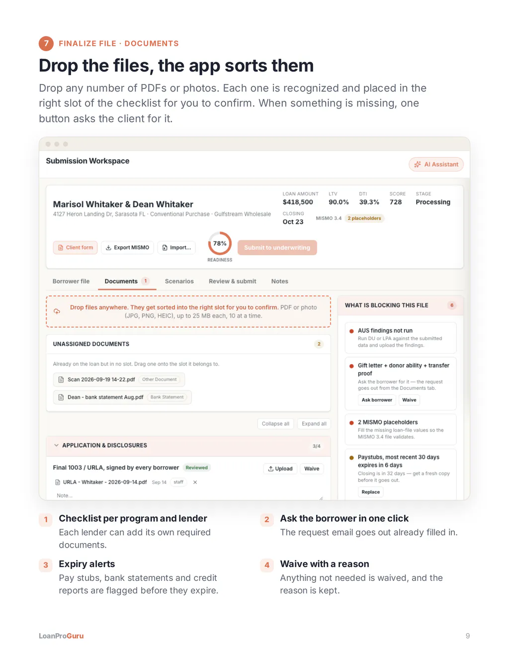 Drop the files, the app sorts them. Each upload is recognized and placed in the right checklist slot for you to confirm.